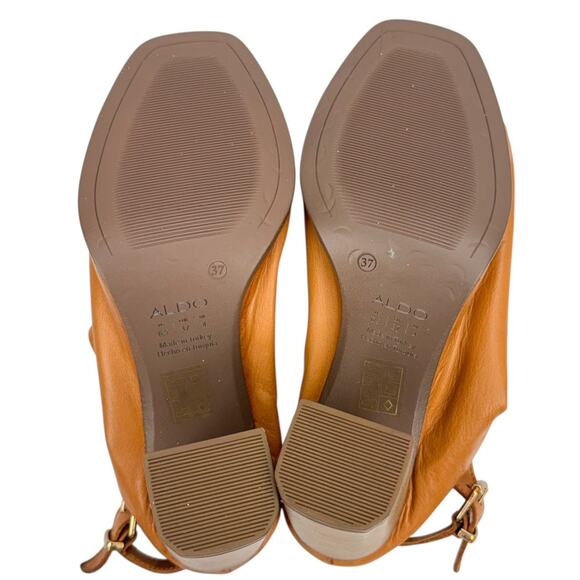 Aldo Tan Leather Open Toe Block High Heel Slingback Sandals Sz 6.5 Comfort Soft - Picture 8 of 14